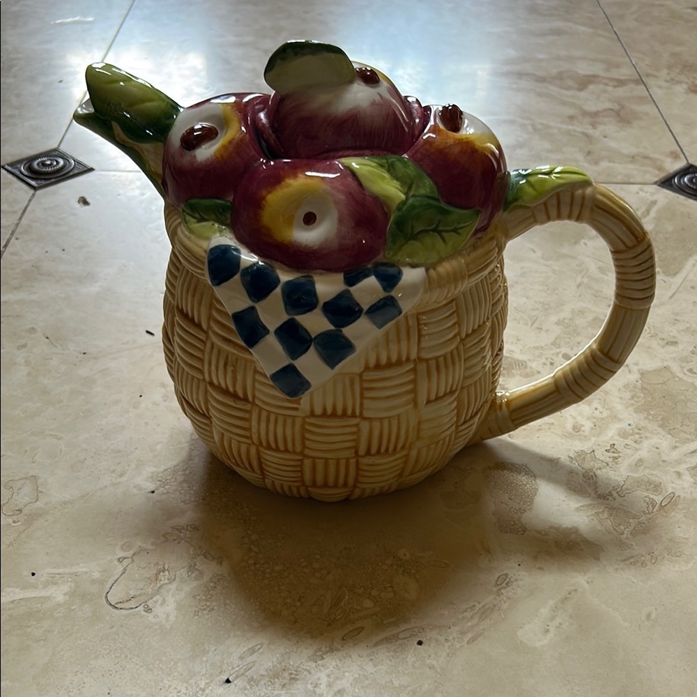 Ceramic Art Teapot with Sculpted Apples and a basket